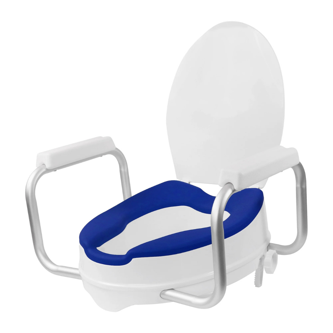 The AltiCare 5” Non-Slip Raised Toilet Seat with Arms offers blue padding, adjustable armrests, and a white lid for enhanced comfort and support. Its universal fit and non-slip design provide added safety for those with mobility challenges.